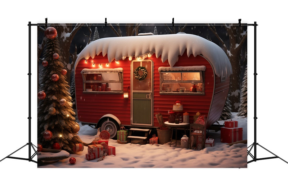 Toile de fond de Forêt Neigeuse avec Camper Rouge et Arbre de Noël RR7-753
