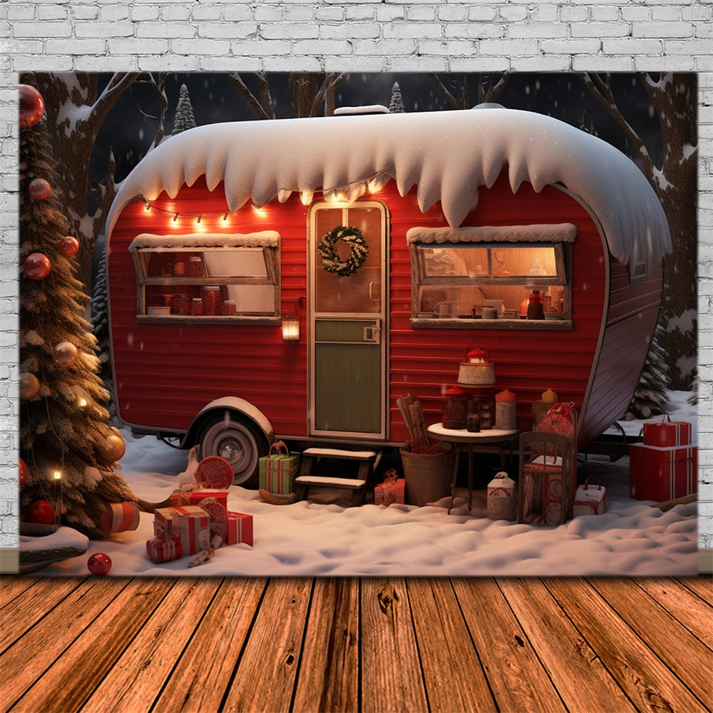 Toile de fond de Forêt Neigeuse avec Camper Rouge et Arbre de Noël RR7-753