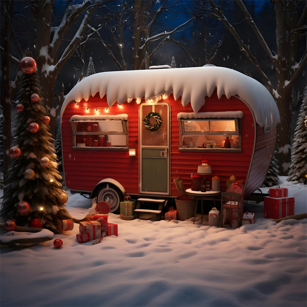 Toile de fond de Forêt Neigeuse avec Camper Rouge et Arbre de Noël RR7-753