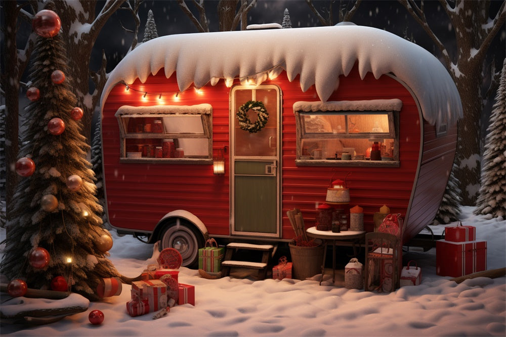 Toile de fond de Forêt Neigeuse avec Camper Rouge et Arbre de Noël RR7-753