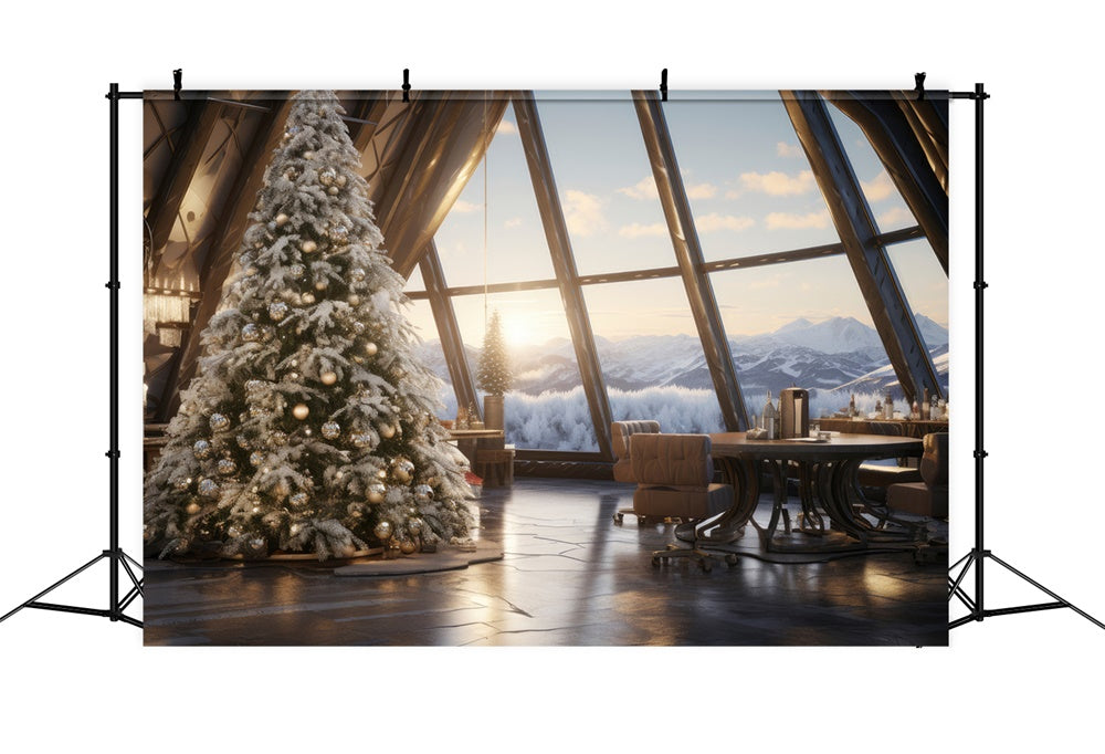 Toile de fond de Fenêtre avec Vue sur Montagne et Arbre de Noël RR7-754