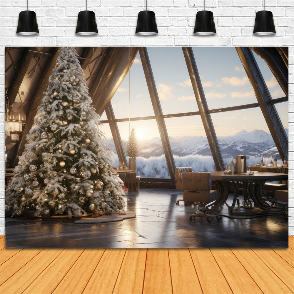 Toile de fond de Fenêtre avec Vue sur Montagne et Arbre de Noël RR7-754
