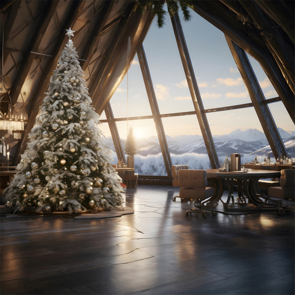 Toile de fond de Fenêtre avec Vue sur Montagne et Arbre de Noël RR7-754