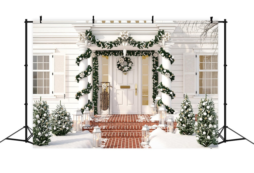 Toile de fond de Maison Blanche avec Couronne et Arbre de Noël RR7-756