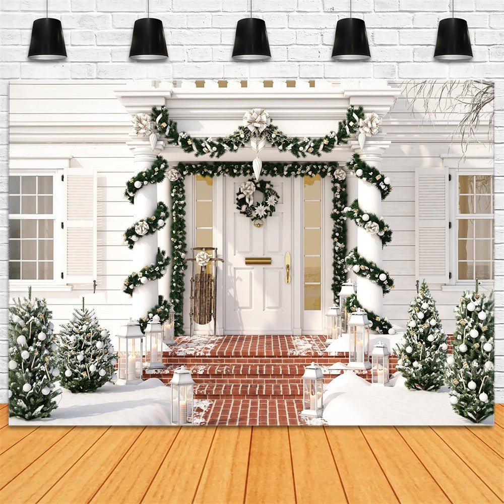 Toile de fond de Maison Blanche avec Couronne et Arbre de Noël RR7-756