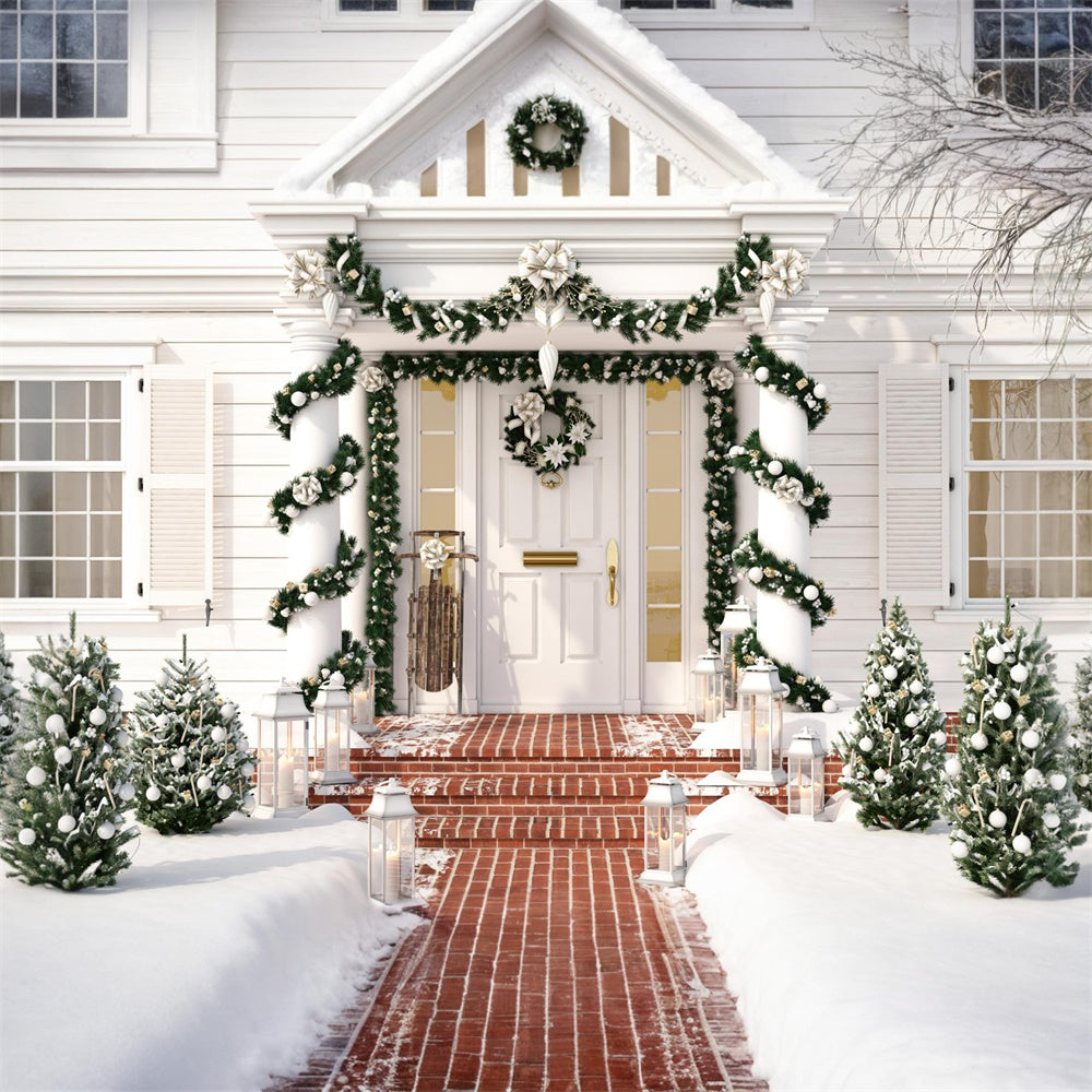 Toile de fond de Maison Blanche avec Couronne et Arbre de Noël RR7-756