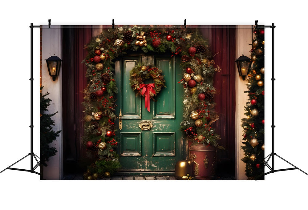 Toile de fond de Porte Verte avec Couronne et Boules de Noël RR7-758