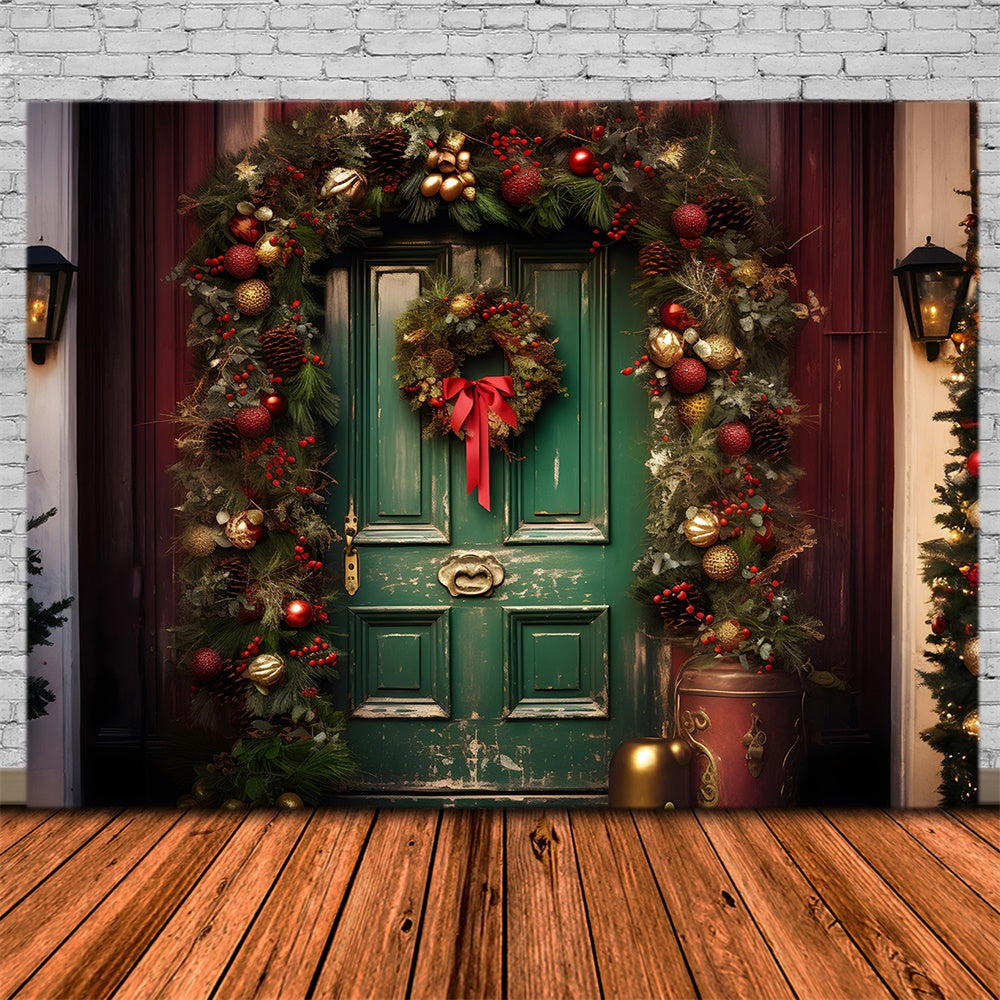 Toile de fond de Porte Verte avec Couronne et Boules de Noël RR7-758