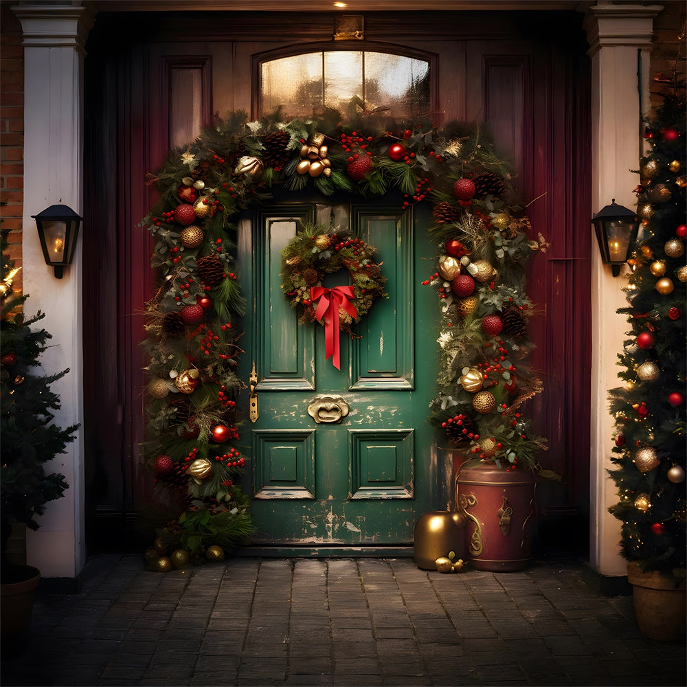 Toile de fond de Porte Verte avec Couronne et Boules de Noël RR7-758