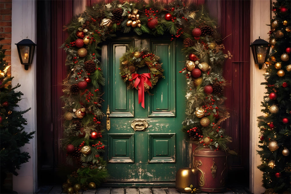 Toile de fond de Porte Verte avec Couronne et Boules de Noël RR7-758