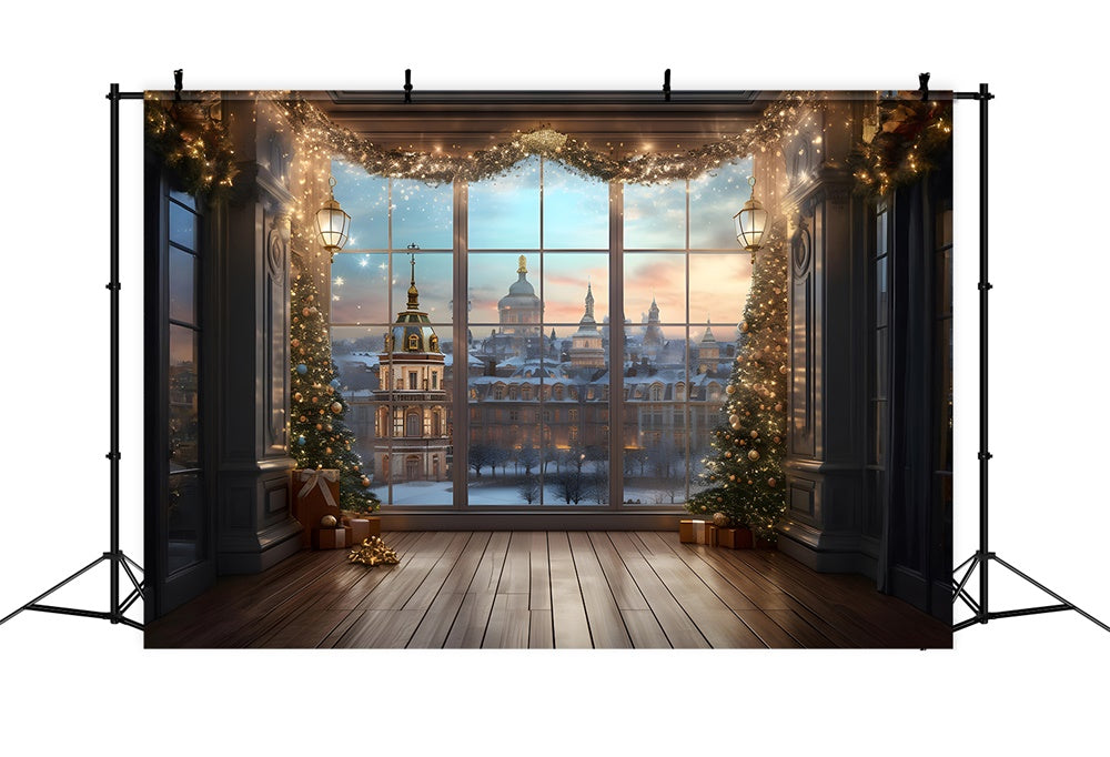 Toile de fond de Fenêtre avec Lumières et Arbre de Noël RR7-760