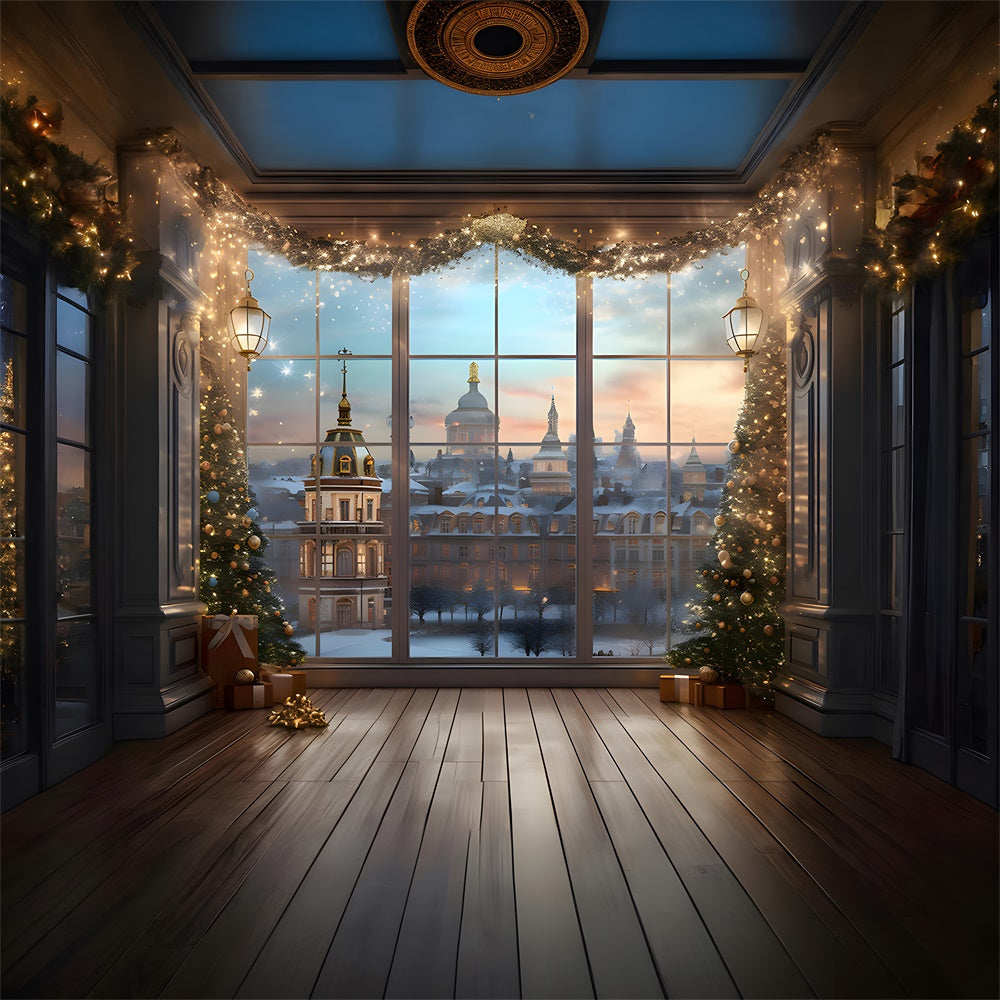 Toile de fond de Fenêtre avec Lumières et Arbre de Noël RR7-760