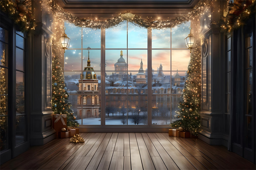 Toile de fond de Fenêtre avec Lumières et Arbre de Noël RR7-760