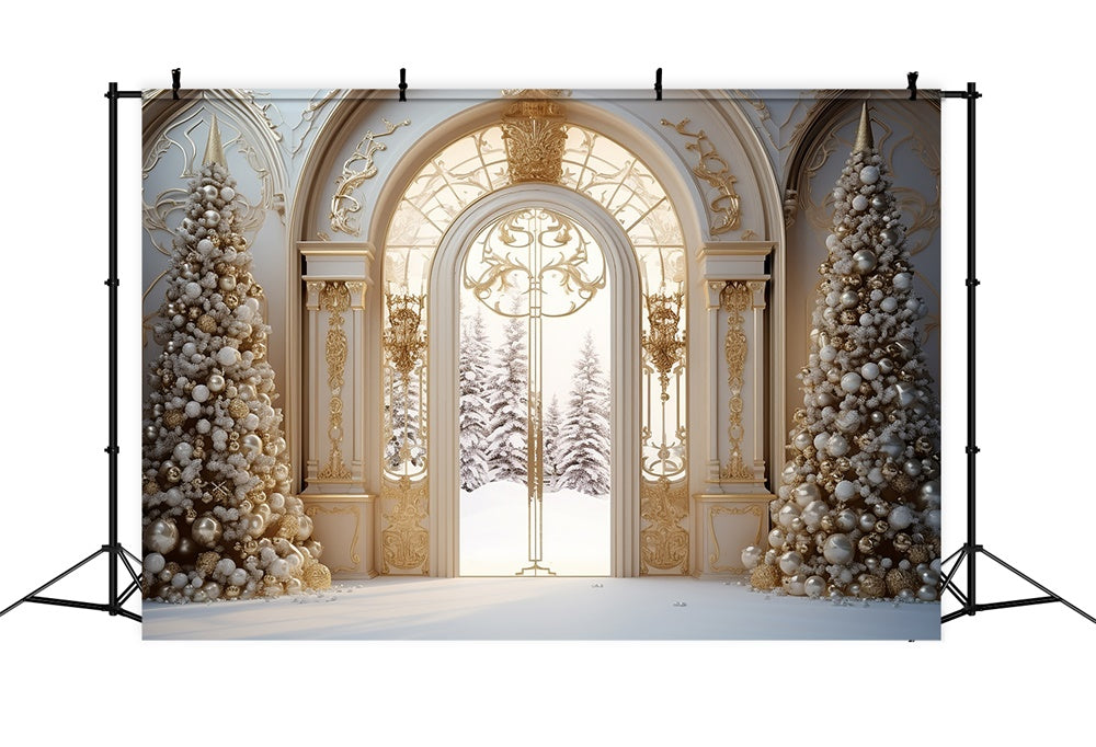 Toile de fond de Manoir avec Arbre de Noël et Porte Neigeuse RR7-761