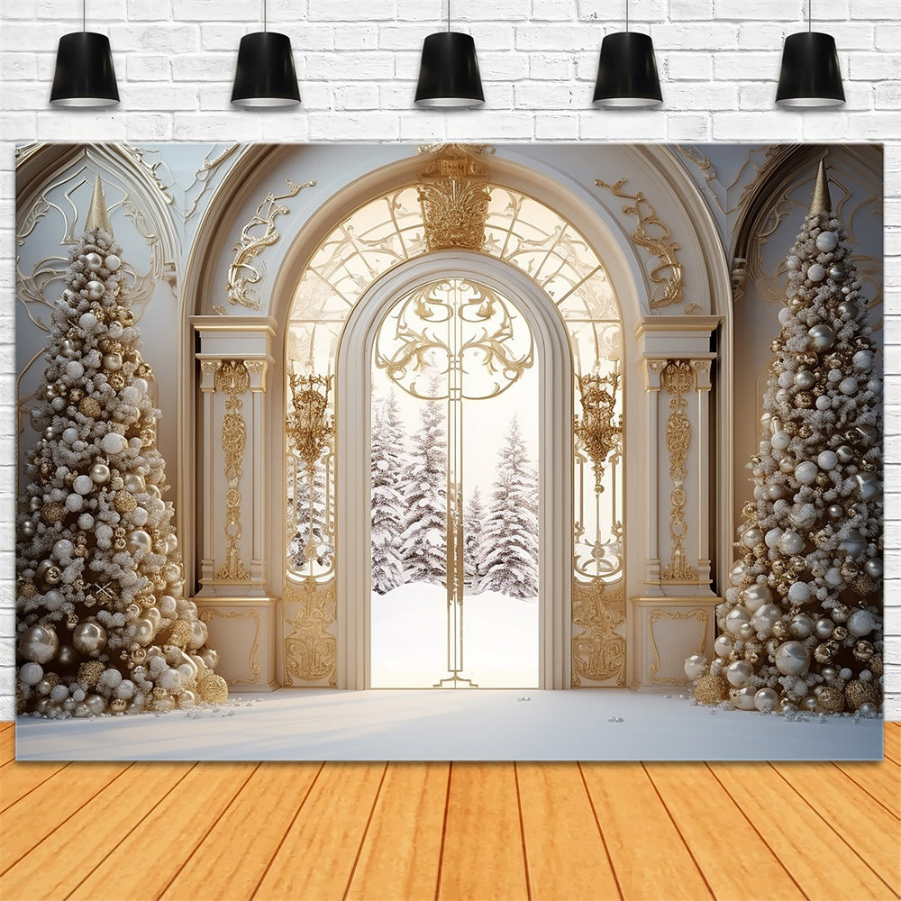 Toile de fond de Manoir avec Arbre de Noël et Porte Neigeuse RR7-761