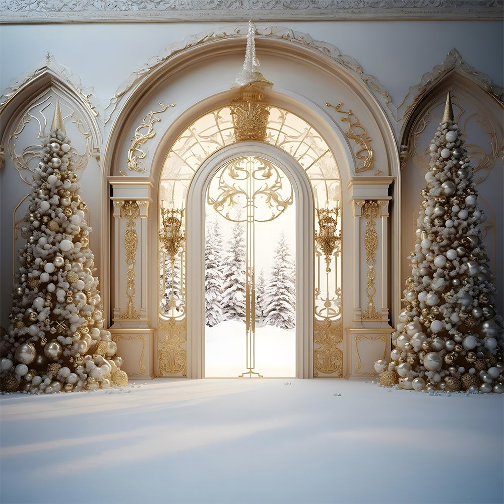 Toile de fond de Manoir avec Arbre de Noël et Porte Neigeuse RR7-761