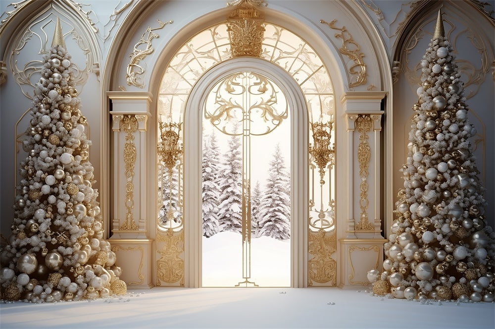 Toile de fond de Manoir avec Arbre de Noël et Porte Neigeuse RR7-761