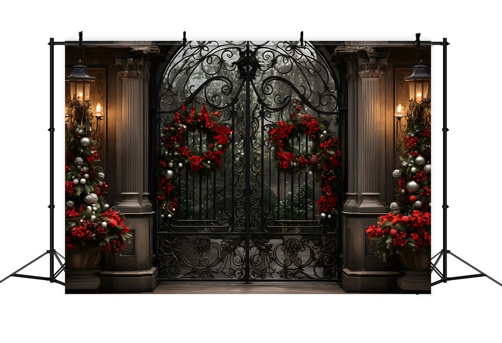 Toile de fond de Maison avec Couronne et Grille en Fer de Noël RR7-763