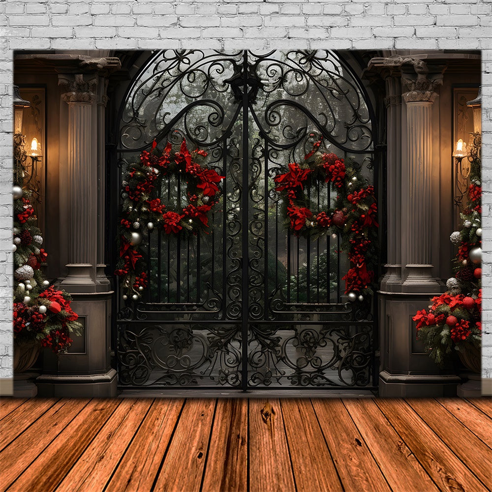 Toile de fond de Maison avec Couronne et Grille en Fer de Noël RR7-763