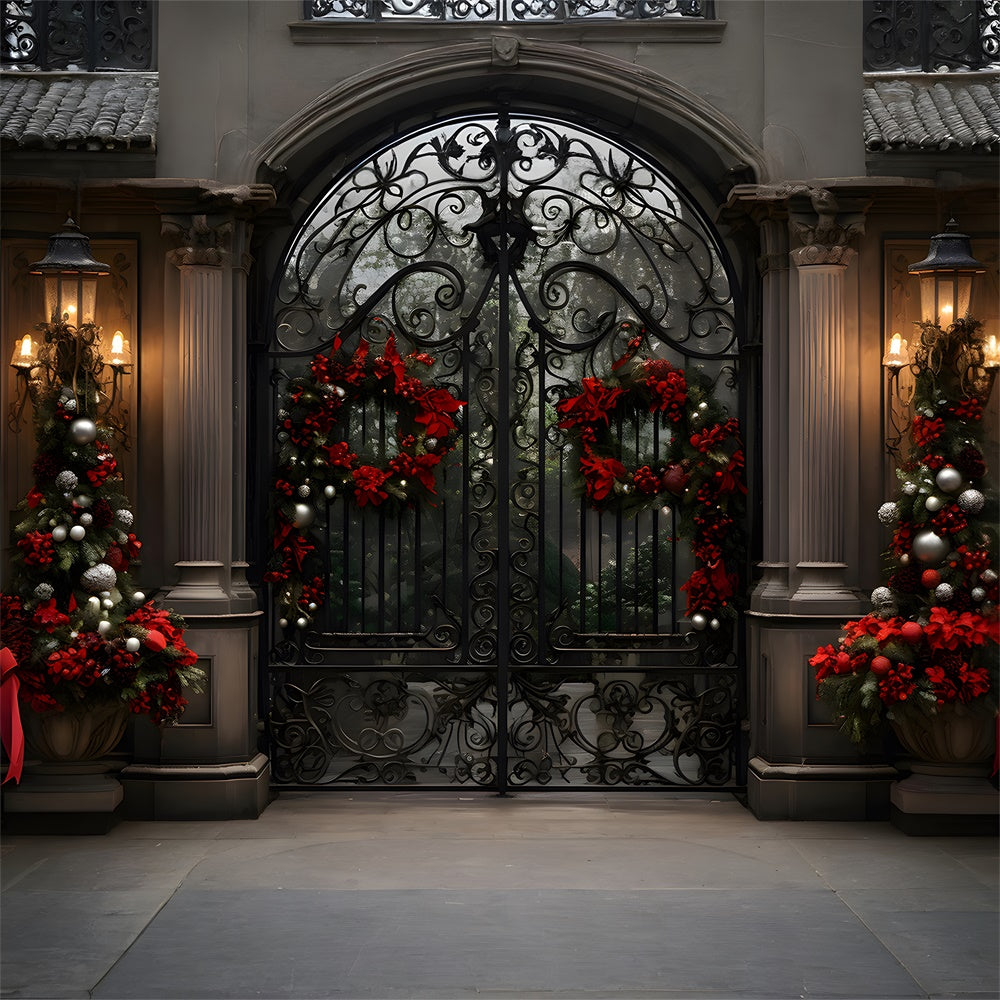 Toile de fond de Maison avec Couronne et Grille en Fer de Noël RR7-763