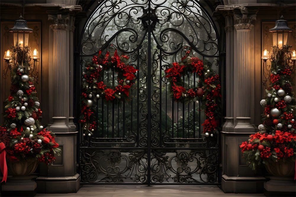 Toile de fond de Maison avec Couronne et Grille en Fer de Noël RR7-763