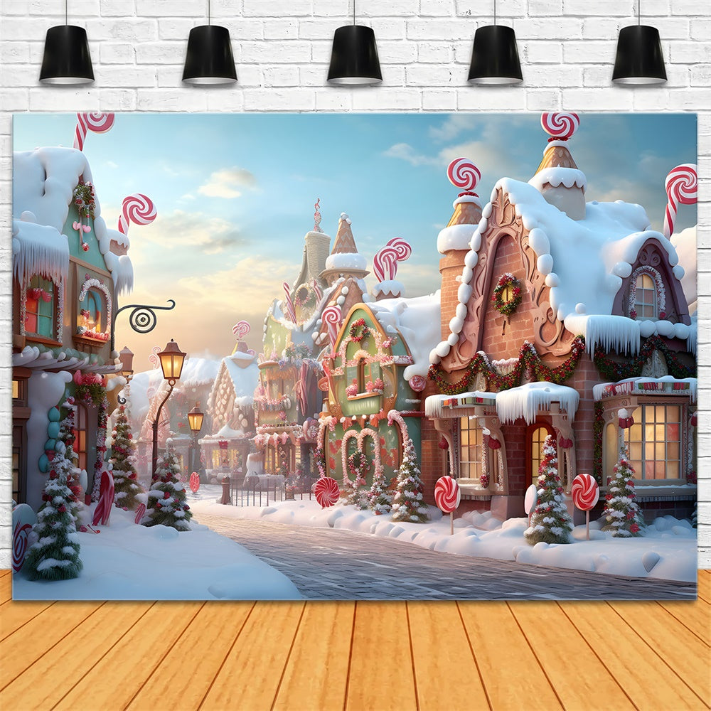 Toile de fond de Ville en Pain d'Épice Neigeuse de Noël RR7-766
