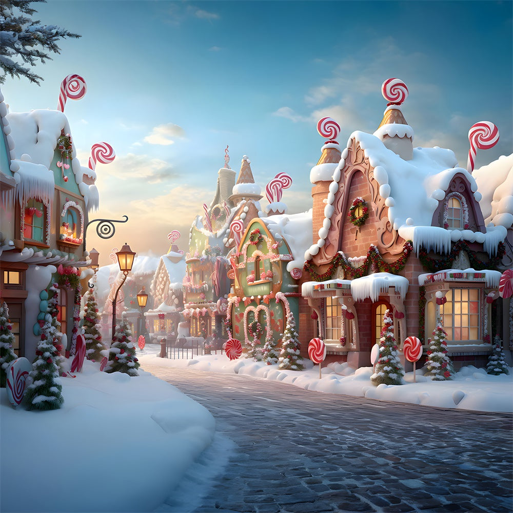 Toile de fond de Ville en Pain d'Épice Neigeuse de Noël RR7-766