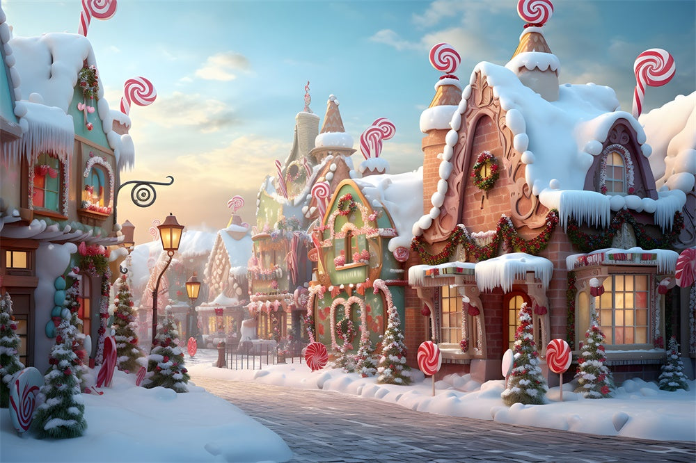 Toile de fond de Ville en Pain d'Épice Neigeuse de Noël RR7-766