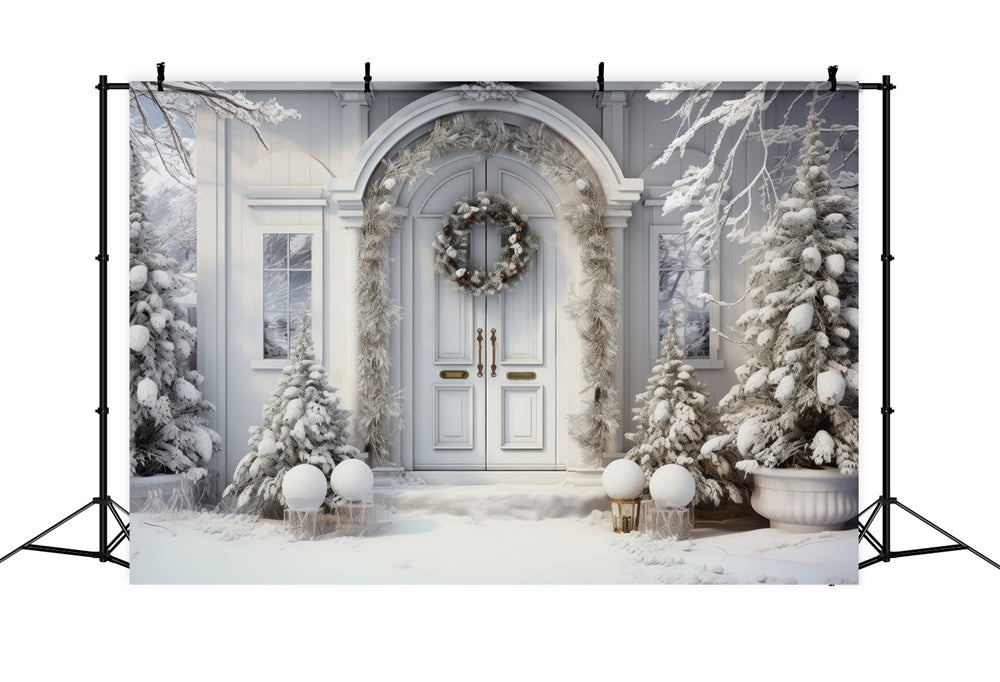 Toile de fond de Maison avec Porte et Arbres Neigeux de Noël RR7-767
