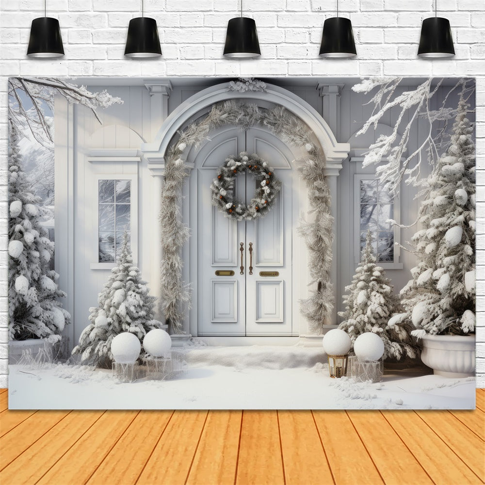 Toile de fond de Maison avec Porte et Arbres Neigeux de Noël RR7-767