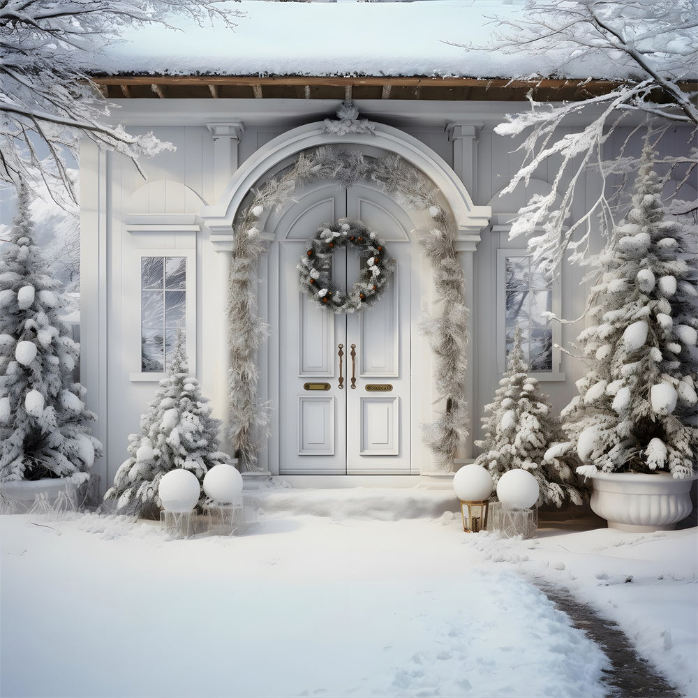 Toile de fond de Maison avec Porte et Arbres Neigeux de Noël RR7-767