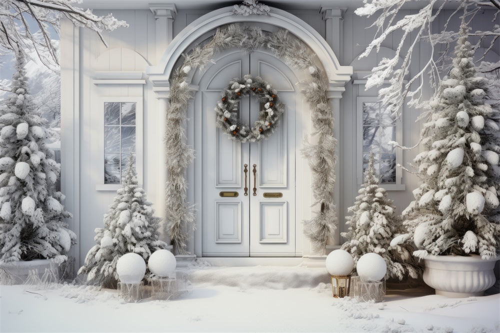 Toile de fond de Maison avec Porte et Arbres Neigeux de Noël RR7-767