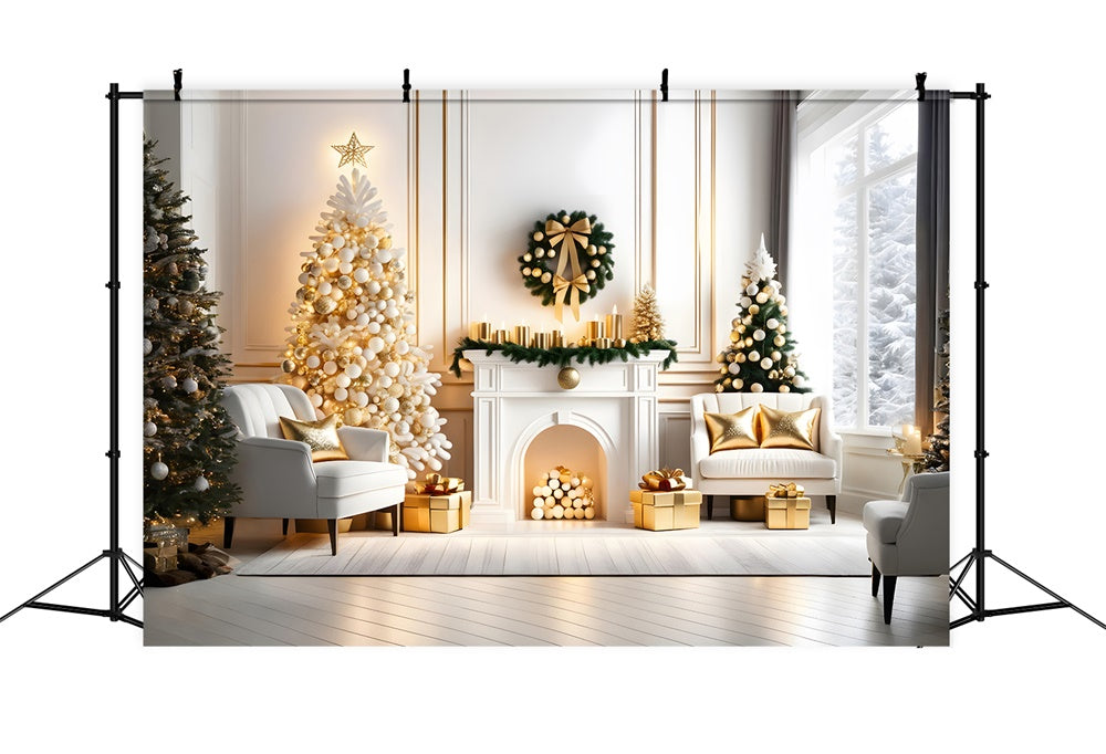 Toile de fond de Cheminée avec Couronne et Arbre de Noël Lumineux RR7-768