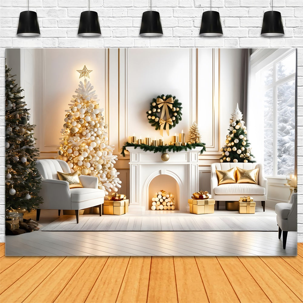 Toile de fond de Cheminée avec Couronne et Arbre de Noël Lumineux RR7-768