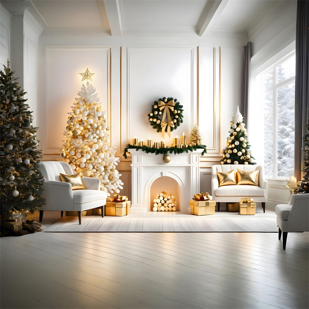 Toile de fond de Cheminée avec Couronne et Arbre de Noël Lumineux RR7-768