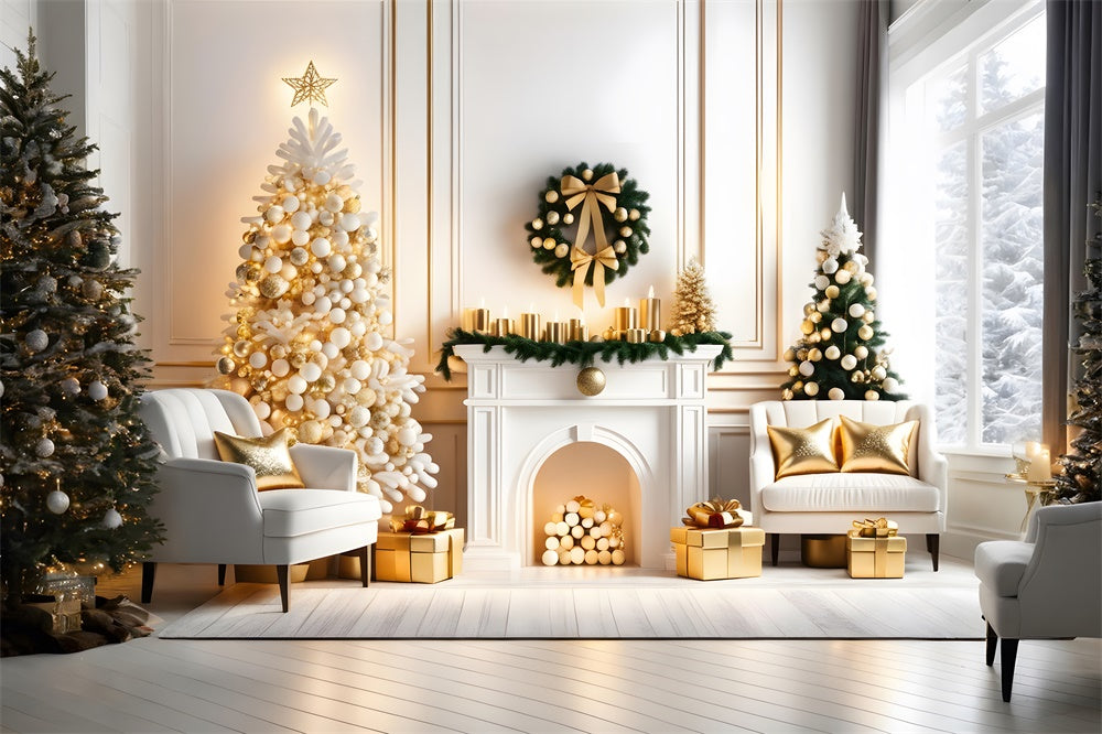 Toile de fond de Cheminée avec Couronne et Arbre de Noël Lumineux RR7-768