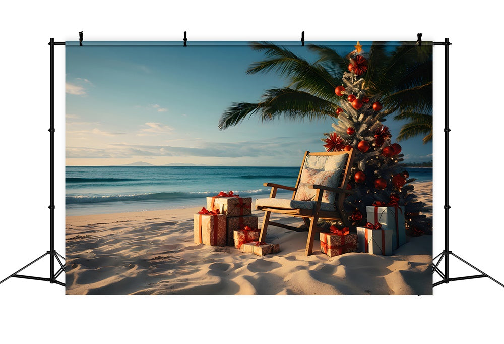Toile de fond de Plage avec Coucher de Soleil et Arbre de Noël RR7-769