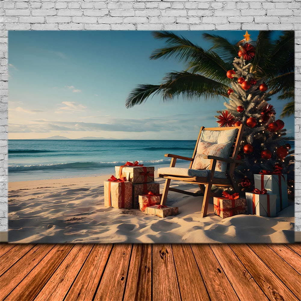 Toile de fond de Plage avec Coucher de Soleil et Arbre de Noël RR7-769