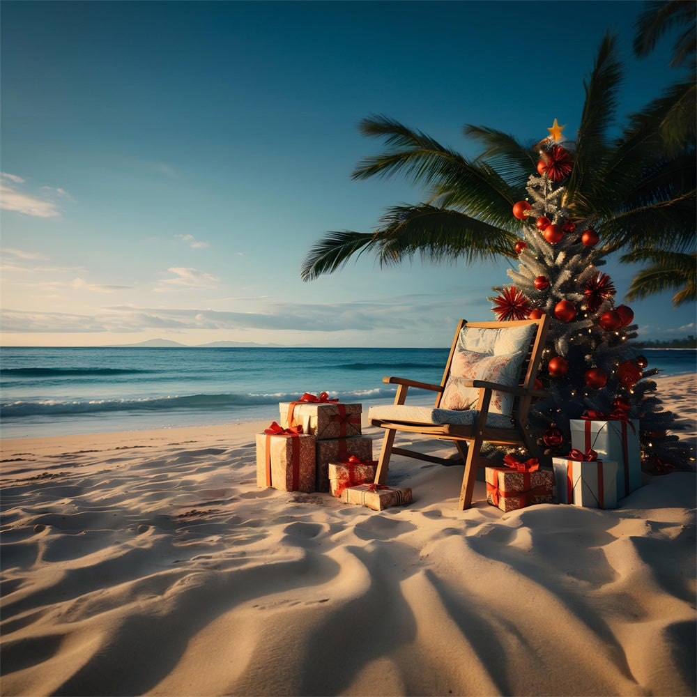 Toile de fond de Plage avec Coucher de Soleil et Arbre de Noël RR7-769