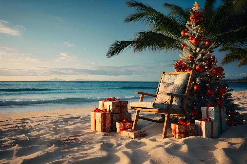 Toile de fond de Plage avec Coucher de Soleil et Arbre de Noël RR7-769