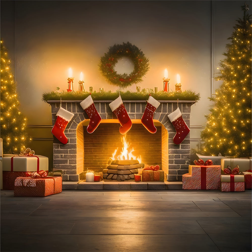 Toile de fond de Cheminée avec Chaussette et Arbre de Noël RR7-770