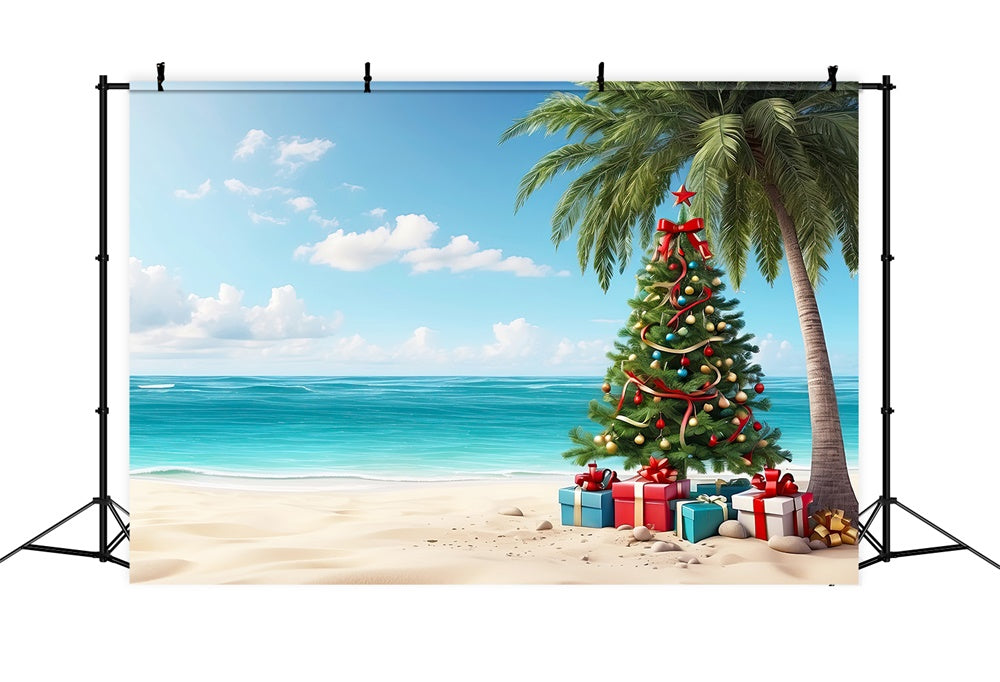 Toile de fond de Plage avec Boîtes de Cadeaux et Arbre de Noël RR7-772
