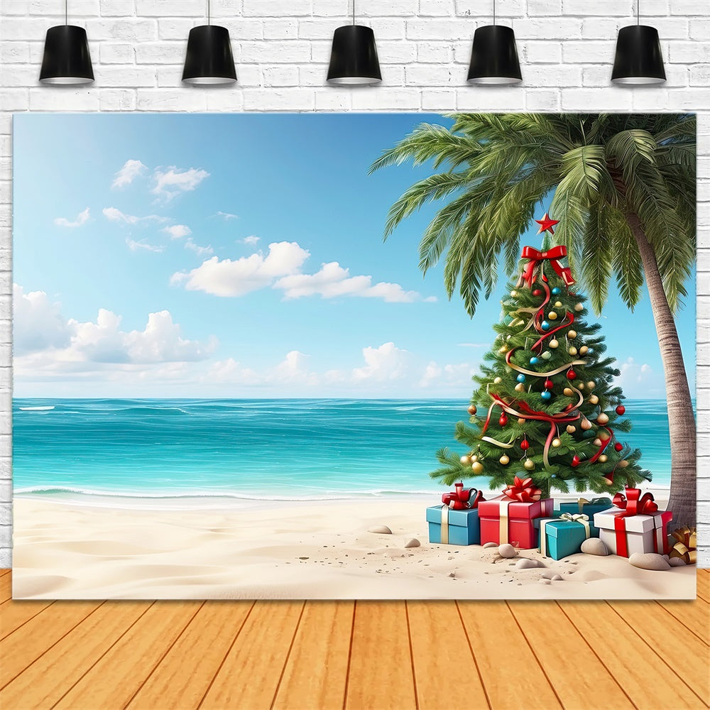 Toile de fond de Plage avec Boîtes de Cadeaux et Arbre de Noël RR7-772