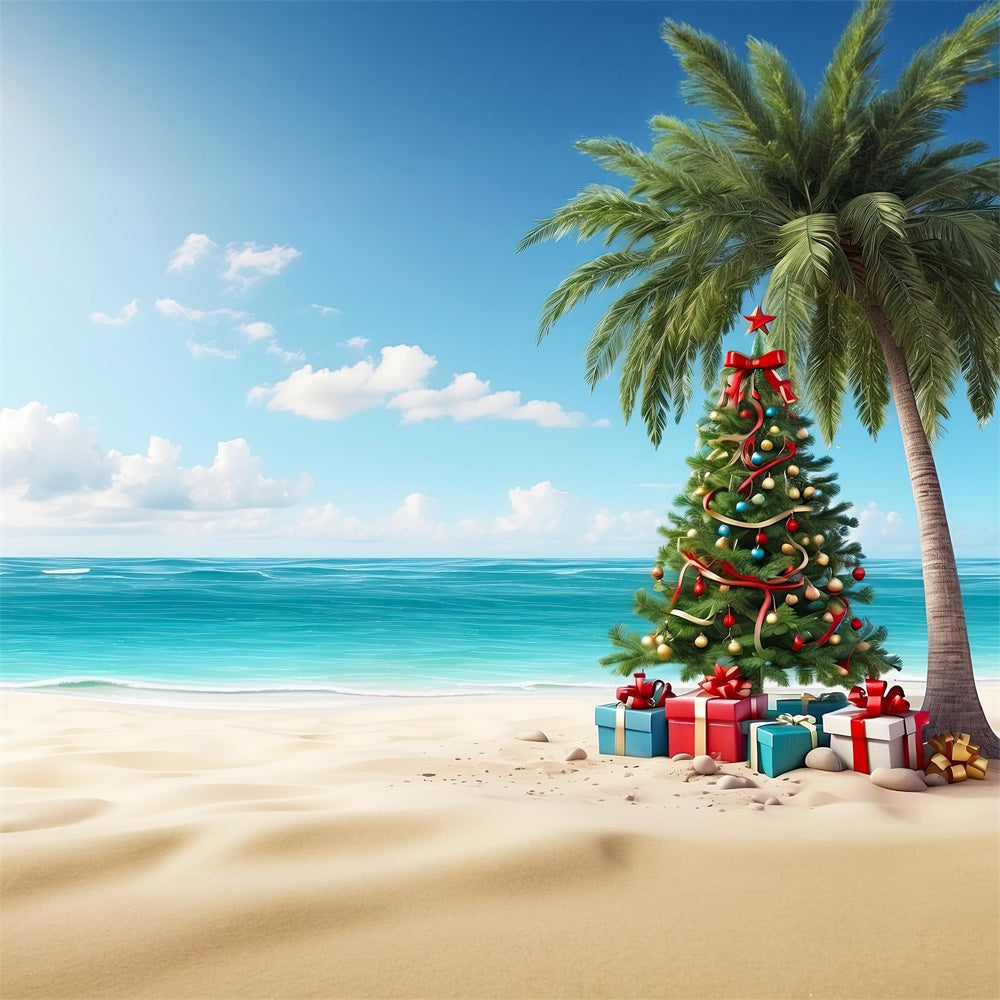 Toile de fond de Plage avec Boîtes de Cadeaux et Arbre de Noël RR7-772