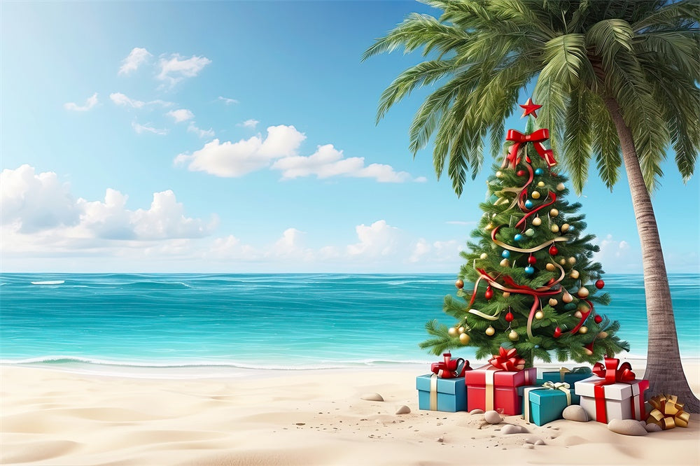 Toile de fond de Plage avec Boîtes de Cadeaux et Arbre de Noël RR7-772