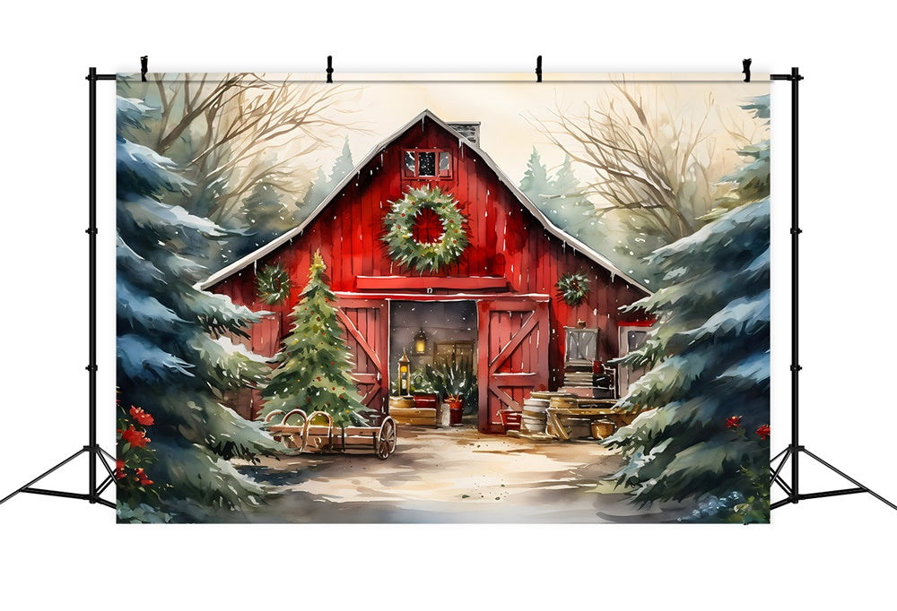 Toile de fond de Maison en Bois et Arbre de Noël en Aquarelle RR7-774