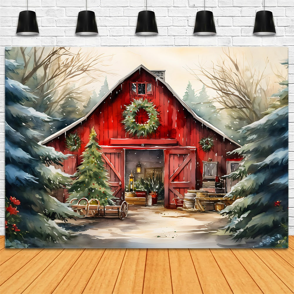 Toile de fond de Maison en Bois et Arbre de Noël en Aquarelle RR7-774