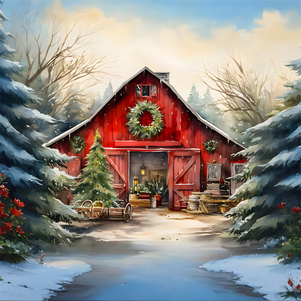 Toile de fond de Maison en Bois et Arbre de Noël en Aquarelle RR7-774