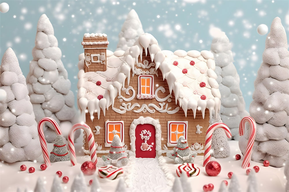 Toile de fond de Maison en Pain d'Épice Neigeuse avec Arbre de Noël RR7-775