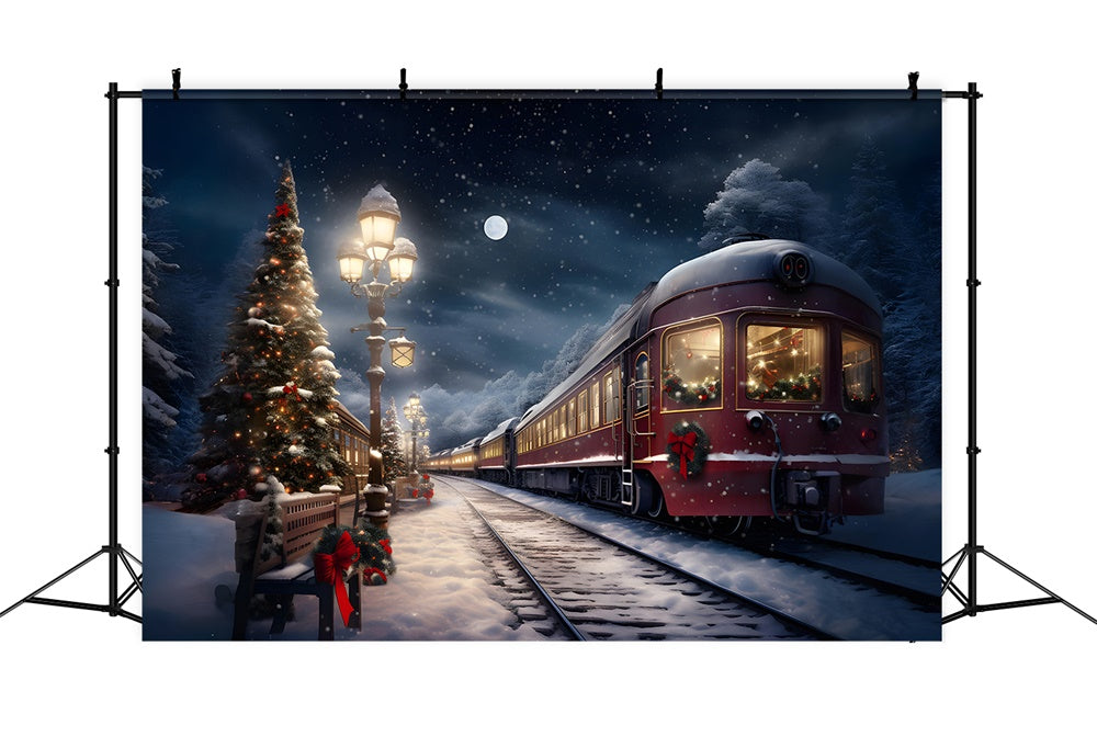 Toile de fond de Train et Arbres en Soirée de Noël RR7-776